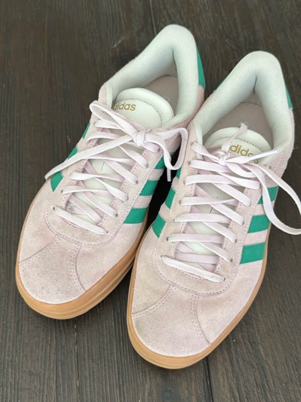 adidas Women's Light Pink Suede Sneakers with Green Stripes